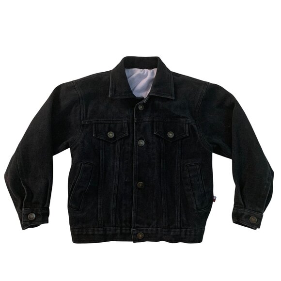 VTG Tommy Hilfiger Unisex Kids size 6 Black Denim Jacket Adjustable Waist - Picture 1 of 10
